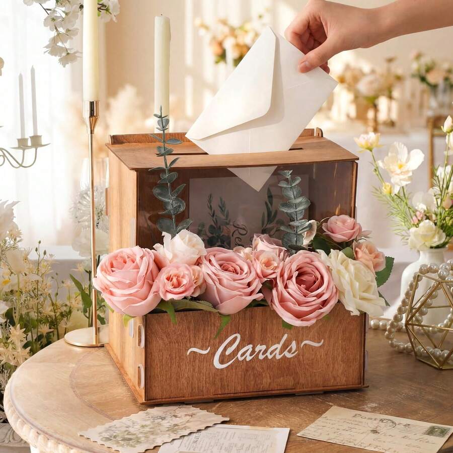 Wedding Card Box, Brown Gift Card Box With Flower Trough And Acrylic Board Rustic Wooden Card Box, Wedding Money Box Holder For Reception Anniversary Graduation Birthday Party Decor - Brown - 查看 1