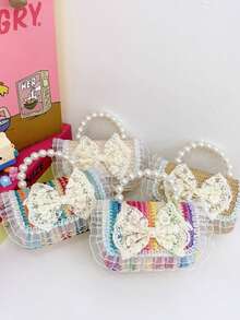 Striped Straw Small Square Bag, Lace Bow Pearl Handbag, Girly Vacation Crossbody Bag - Multicolor - View 3