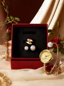 LUCKY FOX 女士腕表奢华礼盒套装 - 金色石英表 + 珍珠戒指 + 金属戒指 + 珍珠表，精美珠宝礼盒，适合生日、情人节、母亲节、送给女友、闺蜜、妈妈的礼物 - 均碼 - 查看 3