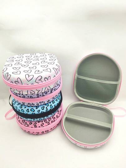 1 pieza Estuche de almacenamiento para auriculares con forma de corazón y estampado de leopardo, de material EVA, diseño creativo, gran capacidad, a prueba de golpes, organizador multifuncional para accesorios electrónicos y digitales