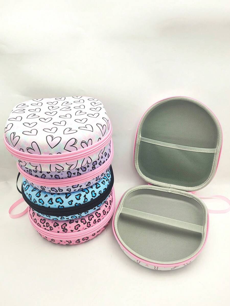 1pc EVA Material Leopard Print Heart-Shaped Headphone Storage Case, Creative Print, Large Capacity Shockproof Multifunctional Electronics & Digital Accessories Organizer Box - Multicolor - View 1