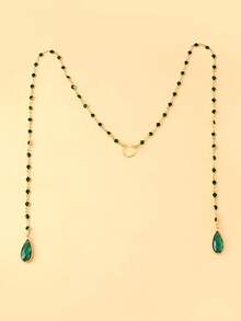 1pc Women's Fashion Green Rhinestone Face Chain, Personalized Street Style Tassel Face Chain, Facial Jewelry, Stage Accessories - Gold - View 5
