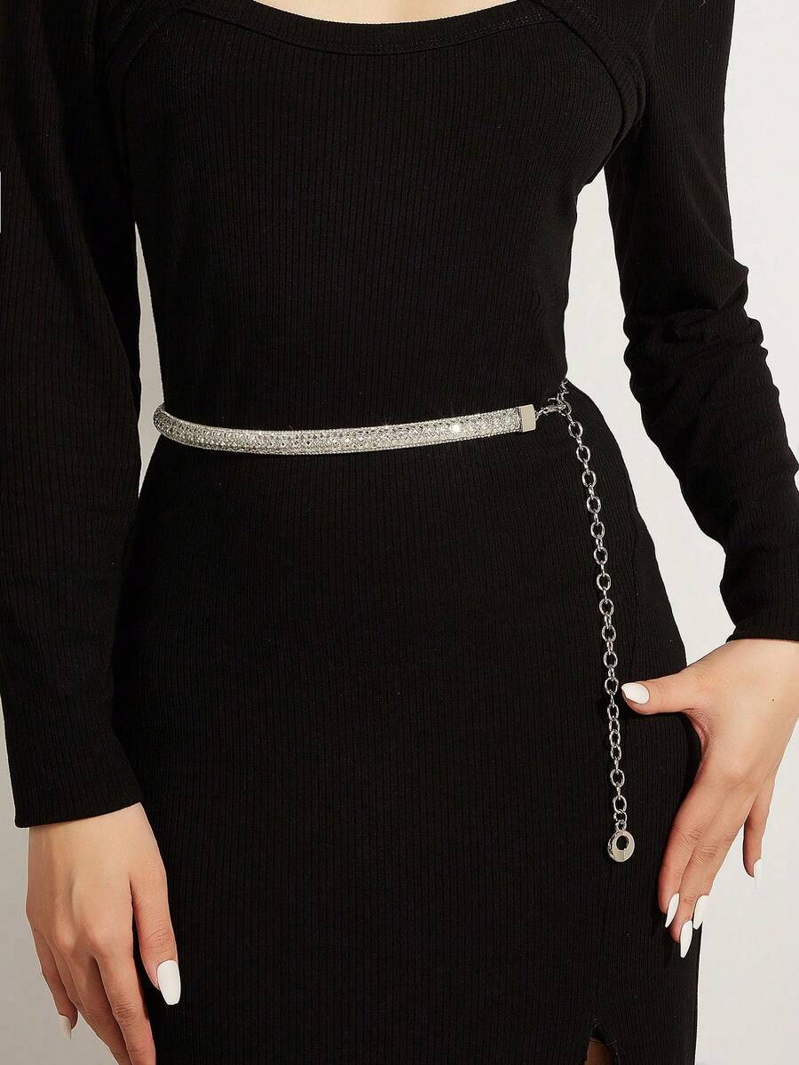 1pc Elegant Shiny Metal Chain Rhinestone Decor Women's Fashion Waist Belt, Suitable For Dresses, Party & Everyday Wear, Versatile For All Seasons - Rose Gold - View 1