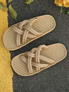 Women's Solid Color Woven Rope Thick Sole Sandals, Criss-Cross Toe Design, Versatile For Daily Commute, Vacation, Beach, Comfortable - Camel - View 6