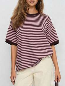 Vaiaye Women's Loose Round Neck Casual T-Shirt, Striped Patchwork Minimalist Fitted Contrast Color Short Sleeve T-Shirt, Suitable For Daily Wear, Work Commute, And Home Pink Summer - Pink - View 3