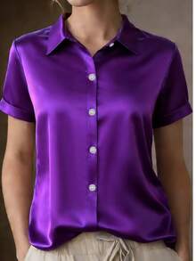 Áo sơ mi nữ tay ngắn kiểu dáng thường ngày, cổ bẻ, tay áo bo chun, đa năng. - Màu tím - Xem 1