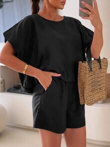 Summer Set - Black Linen Blend Top And Shorts, Suitable For Beach And Brunch - Black - View 4