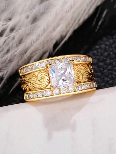 1 pieza Anillo de cobre con patrón geométrico de circonita cúbica elegante, adecuado para uso diario de mujeres, boda, compromiso, fiesta, aniversario, regalo del Día de San Valentín