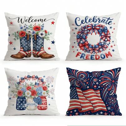 4件套独立日庆祝自由主题图案枕套，单面印花，适用于客厅、卧室、家居装饰，四季皆宜