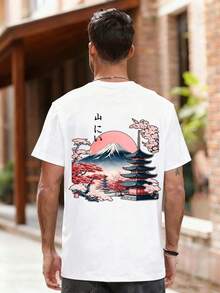Zrgoth 男士春夏休闲户外运动街头时尚山川樱花印花短袖T恤，百搭 - 白色 - 查看 3