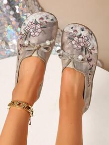 女士刺绣珍珠蝴蝶结休闲运动鞋，舒适日常通勤鞋，中国风，春秋季 - 咖啡棕 - 查看 2