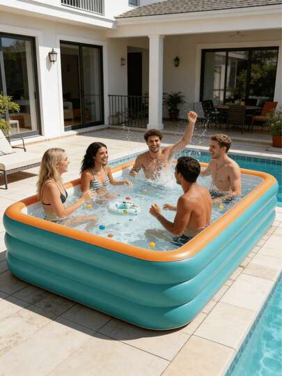 1个方形充气泳池，多层设计，简约风格，带游乐场功能，耐用PVC材质，可折叠便携，适合家庭水上娱乐、庭院泳池派对、户外水上休闲活动，PVC充气泳池