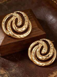1 Pair Vintage Gold Spiral Earrings, Hollow Textured Metal Earrings, European And American Elegant Niche Luxury Versatile Accessory For Party And Work - Gold - View 3