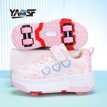 升級版高端兒童輪滑鞋，時尚酷炫行走鞋，兒童與青少年運動鞋，具行走與滑行功能，飛行鞋，行走鞋，戶外運動輪滑鞋，超酷直排輪滑鞋，適用於男孩與女孩，輕量舒適運動鞋，兒童生日禮物，防滾加強底 + 穩定支撐以確保更安全的滑行，透氣舒適輕量耐磨鞋面，街頭風格，讓父母安心，適合學校、戶外和日常穿著 - 粉色 - 查看 17
