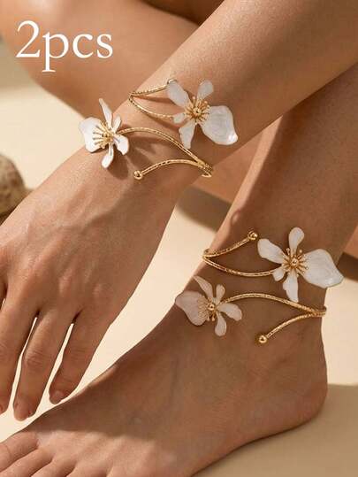 2pcs Bohemian White Flower Ankle Bracelet For Women, Gold Tone Floral Wrap Anklet Cuff, Adjustable Summer Beach Vacation Foot Jewelry, Bridal Wedding Elegant Statement Wrist Bangle Accessory