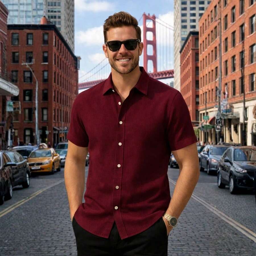 Men's Dress Shirt With Italian Collar, Short Sleeves, Slim Fit, Casual, Versatile, Elegant, Basic - 酒紅色 - 查看 1
