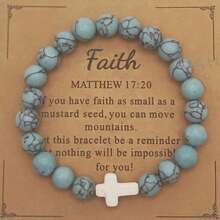 1pc 8MM Natural Stone Cross Healing Bracelet, Gift With Prayer Card For Christians - Turquoise - View 1