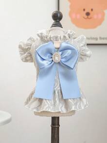 宠物连衣裙一件装，可爱浪漫蕾丝薄纱裙套装，适合小型犬和幼犬，法式蓝色蝴蝶结设计 - 彩色 - 查看 4