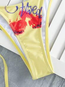 女士黄色印花比基尼套装，三角挂脖滑动罩杯细系带比基尼上衣，侧边系带比基尼下装，低腰高衩性感夏季海滩度假装 - 黃色 - 查看 5