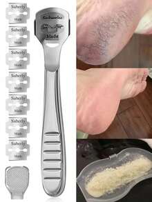 1 Set Stainless Steel Pedicure Knife Cleaning Care Pedicure Tool, Suitable For Hard Foot Pedicure Foot Scrubbing Pedicure Set, Includes 10 Replacement Scrapers - Silver - View 1