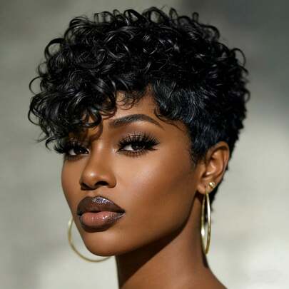 Kinky Curly Pixie Cut Short Human Hair Wig 150% Density Natural Black Color Machine Made Human Hair Wig For Women Daily Party Use Wig