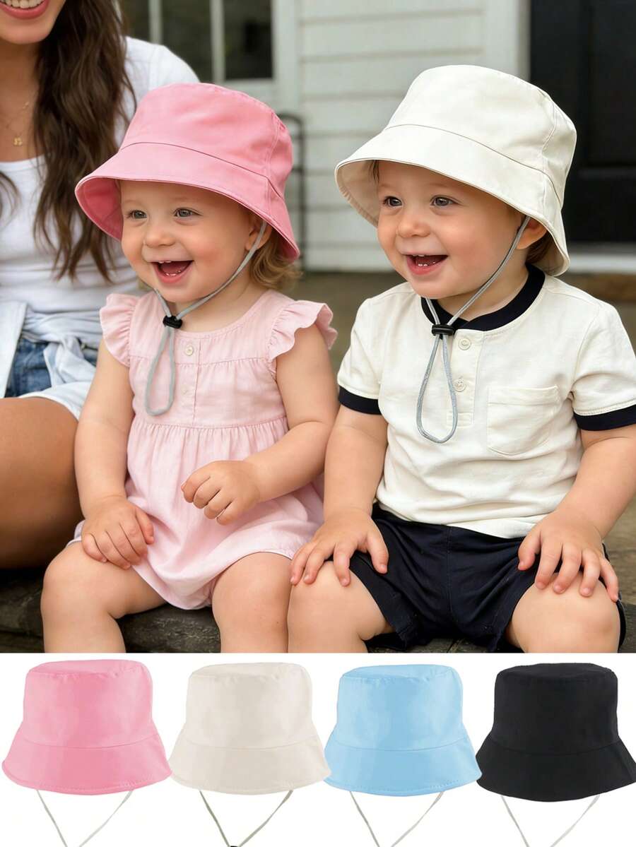 1/2顶儿童幼儿婴儿男女童纯色可调节防紫外线透气休闲渔夫帽，适合户外活动和日常佩戴 - 彩色 - 查看 1