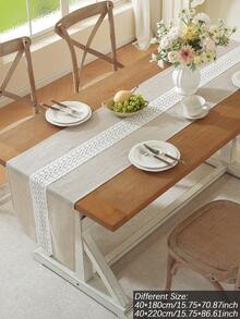 ABEST6522 Home&Living store Polyester Linen Blend Textured Table Runner, White Hollow Crochet Lace Patchwork, Vintage Woven Floral Lace Tablecloth, Farmhouse Style Dining Room Kitchen Wedding Party Decor Table Runner - Beige - View 3