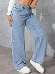 女士浅蓝色阔腿牛仔裤，适合万圣节、圣诞节、新年、感恩节等场合，水洗效果，无弹力面料，带口袋、拉链和纽扣细节，长款休闲风格，无弹力，休闲优雅的春季装扮。 - 藍色 - 查看 5