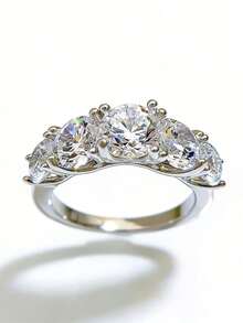 XUJIA 1pc 5-Stone Ring, Women's Round Cut Moissanite Engagement Ring, 925 Sterling Silver, D-E Color, VVS1 Clarity, 6.5mm, 6mm And 5mm Moissanite, Anniversary Wedding Band, Jewelry Gift - Silver - View 4