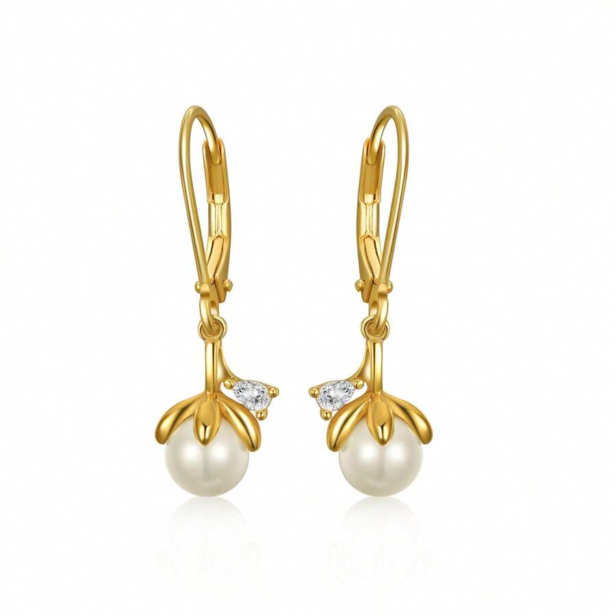 Boucles d'oreilles fleur et perle mode en argent S925, couleur or, convient pour un port quotidien - Doré - Voir 1