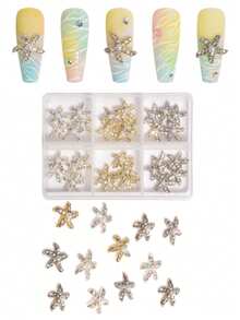 30 Stück/Box 3D Seestern Nageldekoration mit Kunstperlen & Strass, gemischte Farben Gold & Silber im Ozean-Stil, Sommer Strand DIY Maniküre Accessoires für Frauen Nägel - Verschiedenfarbig - Übersicht 1