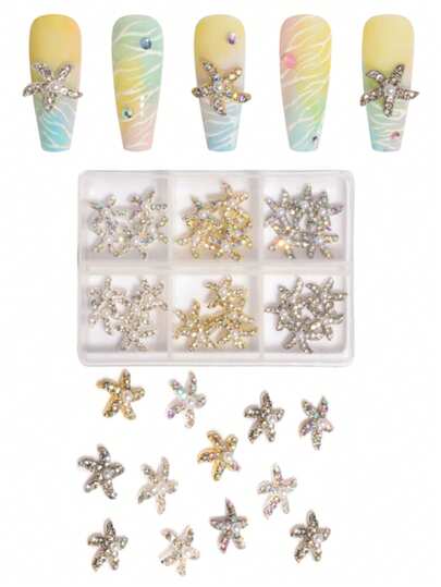 30个/盒 3D海星美甲饰品，镶嵌珍珠和水钻，金银混色海洋风美甲装饰，夏季海滩DIY美甲配件，女士适用