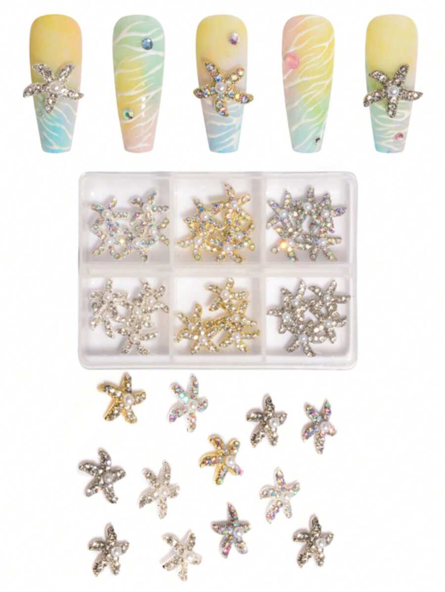 30 Stück/Box 3D Seestern Nageldekoration mit Kunstperlen & Strass, gemischte Farben Gold & Silber im Ozean-Stil, Sommer Strand DIY Maniküre Accessoires für Frauen Nägel - Verschiedenfarbig - Übersicht 1