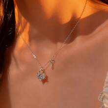 1pc S925 Silver Luxury Heart Lock Design Pendant Necklace With Sparkling Zirconia, Elegant Everyday Wear Jewelry, Quality Gift For Loved One - Silver - View 5