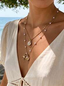 Bộ 2 mặt dây chuyền hình ngọc trai, vỏ sò, sao biển, phong cách cổ điển tối giản, phong cách Bohemian, thích hợp cho kỳ nghỉ biển. - Vàng - Xem 6