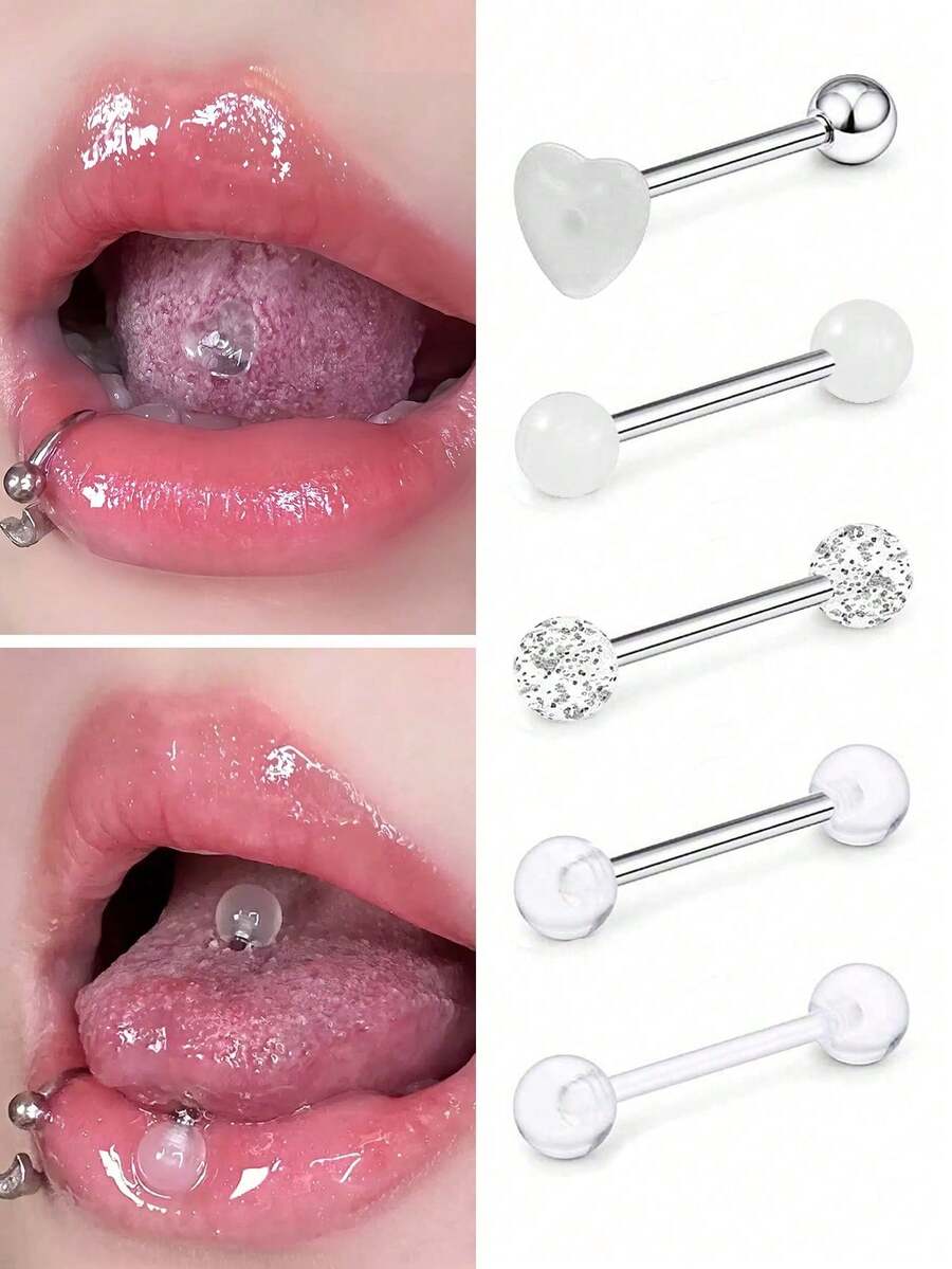 10个隐形透明球形心形舌环，适合学生日常佩戴，隐形舌钉 - 無色 - 查看 1