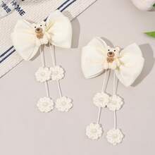 2pcs Cute Bear Tassel Hair Bows For Girls Bear Pattern Beige Grosgrain Ribbon Bow Alligator Clips With Pearl Flower Tassel Adorable Animal Printed Bow Hair Clips Vacation Tassel Bow Barrettes Teens Hair Accessories - Beige - View 10