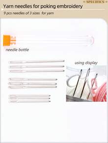 1 Set Multi-Color Practical DIY Hand Embroidery And Punch Needle Tool Kit, Includes: 1 Interchangeable 3-Head Punch Needle, 1 20cm Diameter Embroidery Hoop, 1 Punch Needle Fabric, 1 Embroidery Fabric, 1 Pack Of 16 Embroidery Needles, 1 Pair Of Scissors, 1 Needle Case, 9 Metal Yarn Needles, 1 Random Color Threader, 1 Marking Pen - A - View 9