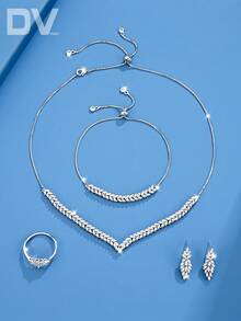 DV JEWELRY 5件套弹力首饰套装，镶嵌立方氧化锆，铂金镀层，奢华项链、手链、耳环、开口戒指，优雅女士首饰套装，派对/周年纪念礼物，附赠礼盒 - 查看 3