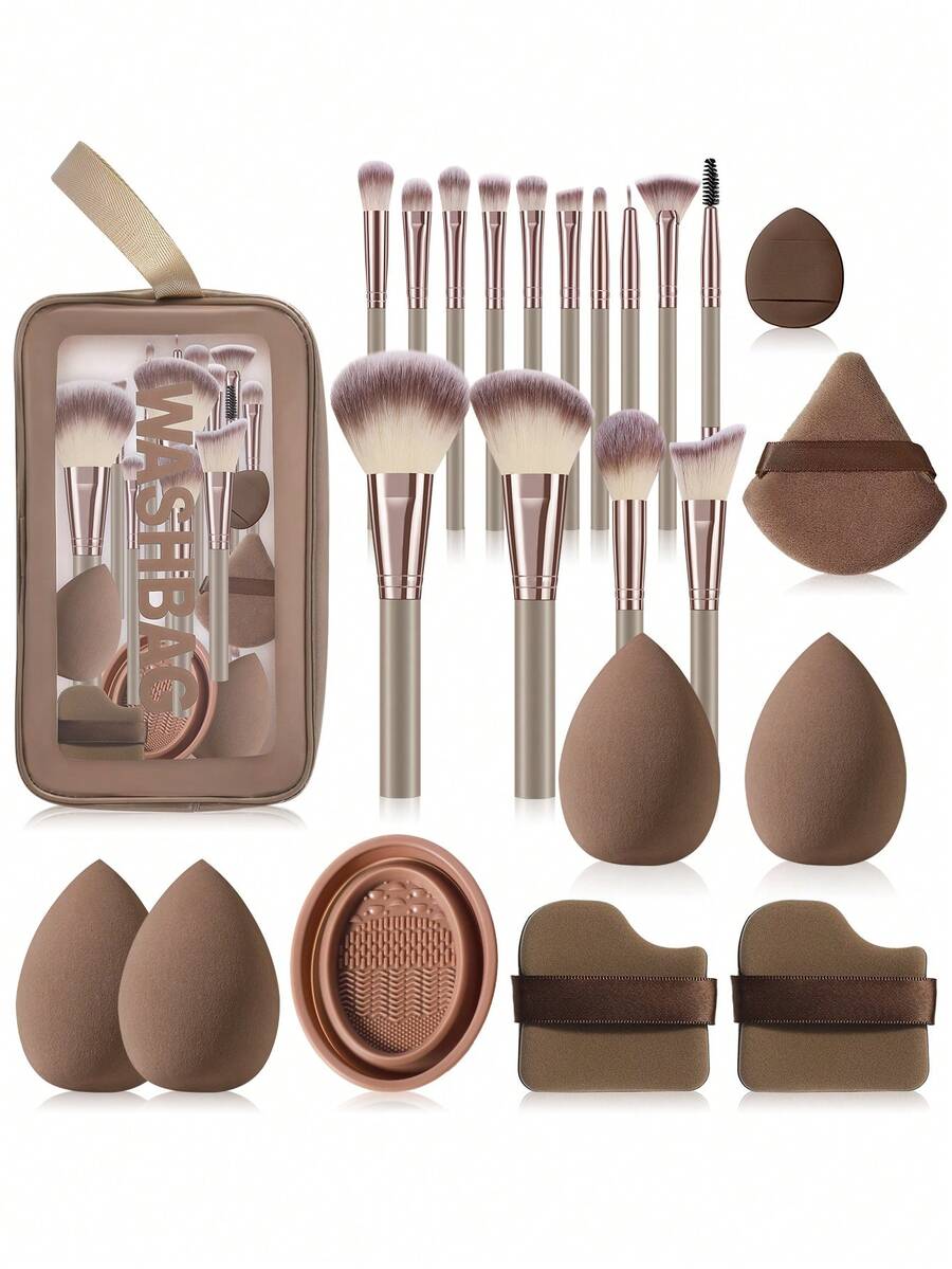 24pcs Makeup Brush Set With Makeup Sponges, All-In-One Beauty Tool Kit For Daily Facial Makeup - Coffee Brown - View 1
