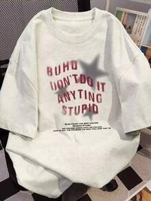 Women's Casual Loose Fit Round Neck Letter & Star Print Short Sleeve T-Shirt, Versatile For Spring/Summer - Light Gray - View 4