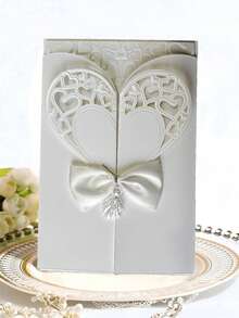 1/5/10pcs Elegant Shiny Powder Invitation Cards, Heart-Shaped Bow Hollow-Out European Style Gilded Personalized Shiny Powder Greeting Cards, Suitable For Wedding Anniversary, Bridal Shower, Engagement Party And Anniversary Dinner Invitations - Multicolor - View 3