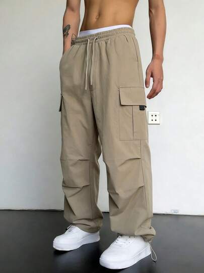1 pieza Pantalones cargo de hombre de unicolor con bolsillos múltiples y cintura con cordón, pantalones rectos sueltos casuales, adecuados para primavera, verano, otoño e invierno, estilo de ropa de calle de moda, regalo para novio/esposo, regalo de aniversario