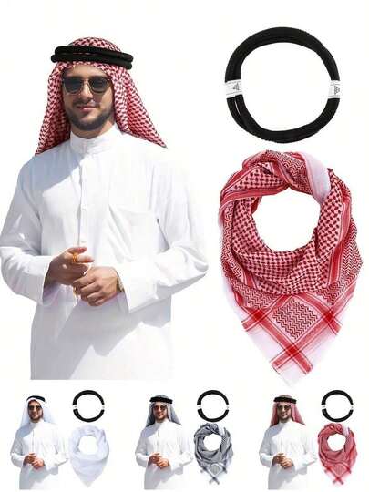 2pcs - Arabic Dubai Saudi Jacquard Wave Pattern Large Size Men's Headband, Headwrap, Desert Headband, Dubai Arabic Outdoor Square Scarf Men's Windproof Neck Gaiter!