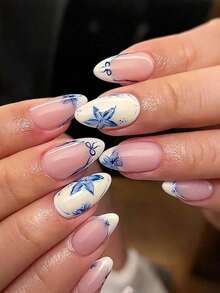 24pcs Medium Almond Shaped Nail Stickers, White French Pointed Tip, Floral Pattern, Fashionable Full Coverage, Suitable For Women & Girls Daily Wear, Summer Nail Art Nails Nail Supplies - 藍色 - 查看 2