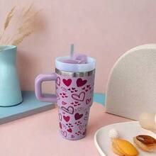 600ml Thermal Mug With Handle, Lid And Straw – Flower Print 1866-600ml - 紫丁香 - 查看 1
