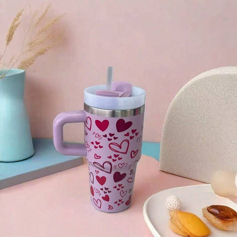 600ml Thermal Mug With Handle, Lid And Straw – Flower Print 1866-600ml - 紫丁香 - 查看 1