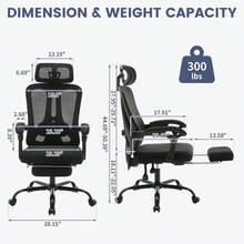 Silla ergonómica para gaming y oficina con respaldo alto de malla transpirable, Soporte lumbar y reposacabezas ajustable, Reposapiés retráctil y ruedas, para escritorio, oficina en casa o dormitorio - Marco negro - malla negra - Ver 2