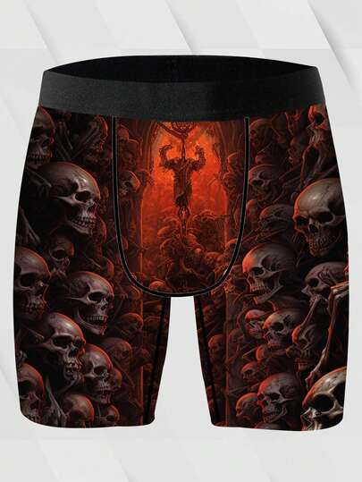 1 pieza Nuevos pantalones cortos únicos para hombres, calzoncillos tipo bóxer para hombres con estampado de calavera gótica, ropa interior con gráfico de calavera oscura/infernal, de tejido de punto, transpirable y que absorbe la humedad, suave y cómodo para deportes y ocio