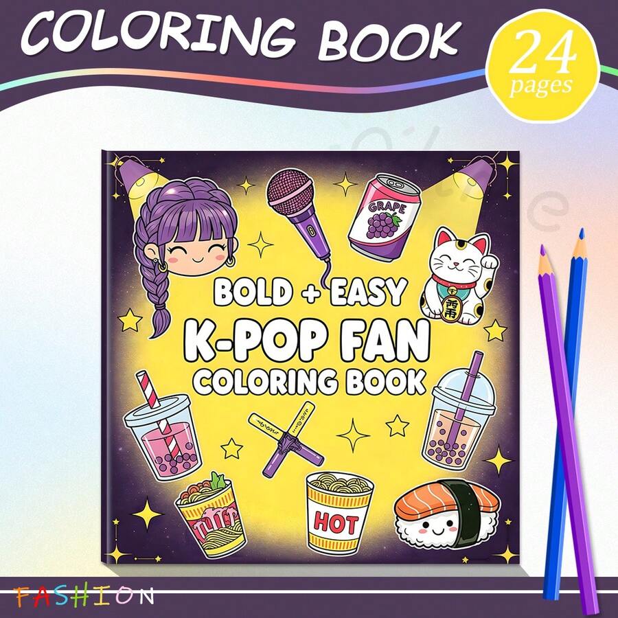 GDTME Sách tô màu dành cho fan K-Pop, bìa ánh ngọc trai, 24 trang/120g, họa tiết sống động về K-Pop và văn hóa Hàn Quốc (micro, trà sữa trân châu, mèo may mắn Maneki-Neko, ẩm thực Hàn Quốc), đường viền dày dễ tô màu, phù hợp cho fan K-Pop, thư giãn và tụ họp, đồ dùng học tập, món quà tuyệt vời cho các bé gái, mùa cưới, Ngày của Mẹ và Ngày thiếu nhi (Comfort Zone Coloring)